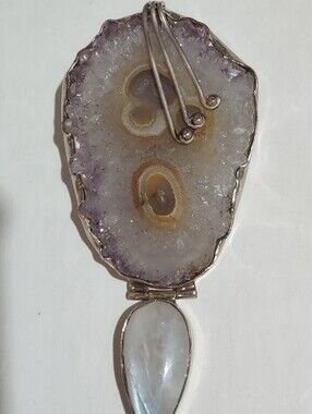 Sterling Silver Amethyst Druzy and Moonstone Pendant - Purple and White